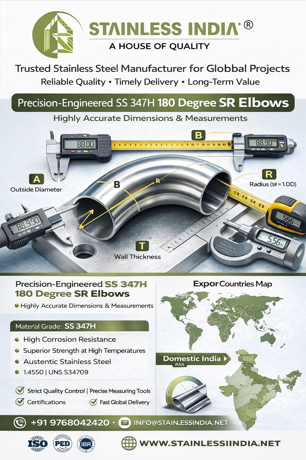 SS 347H 180 Degree Short Radius Elbow Exporter