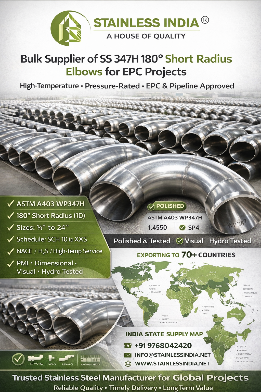 ASTM A403 WP347H Stainless Steel SR Elbow